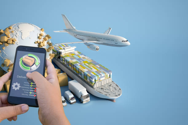 3D rendering of a smartphone delivery tracking app with an airplane, truck, ship and van on the background