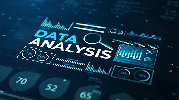 A futuristic digital dashboard with the words "DATA ANALYSIS" and a magnifying glass icon, symbolizing the process of examining and interpreting data. The interface is filled with dynamic charts, graphs, and percentage readouts, representing the core of business intelligence and modern analytics. This conceptual image is perfect for illustrating topics like big data, market research, financial reporting, and the use of technology to drive strategic decisions and measure performance.